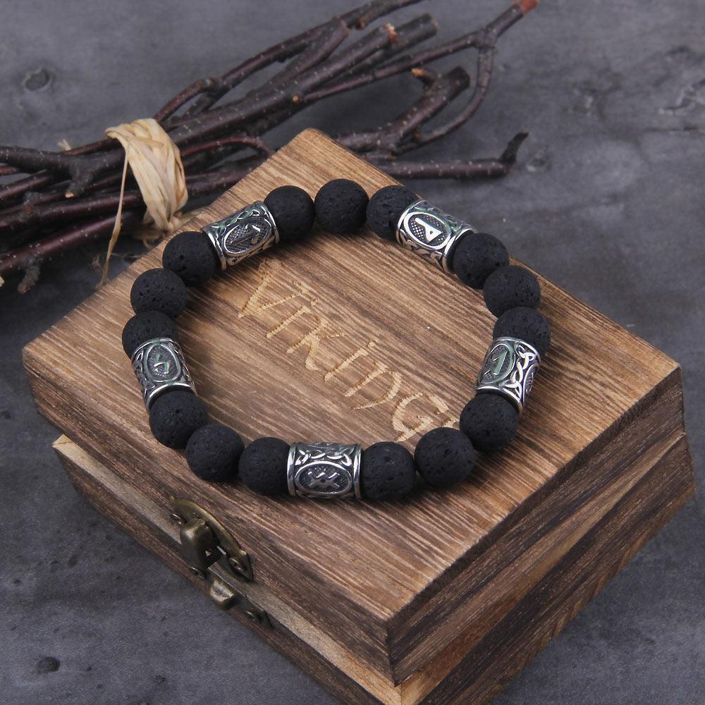 Volcanic Stone and Steel Futhark Bead Bracelet - Image 5