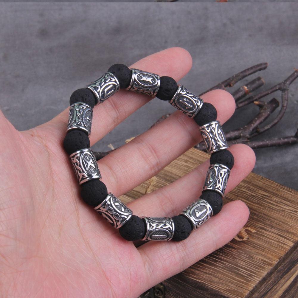 Volcanic Stone and Steel Futhark Bead Bracelet - Image 6