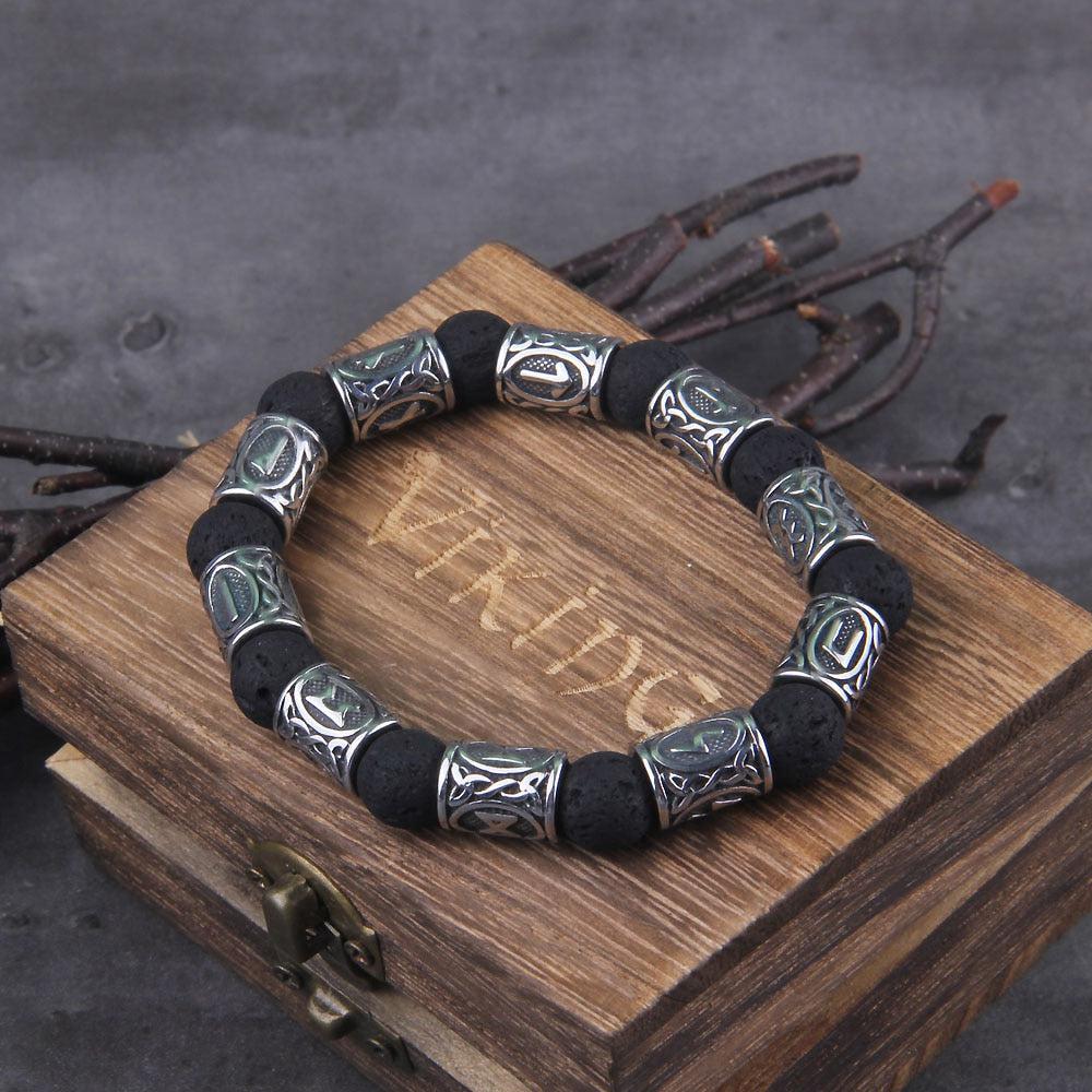 Volcanic Stone and Steel Futhark Bead Bracelet - Image 7