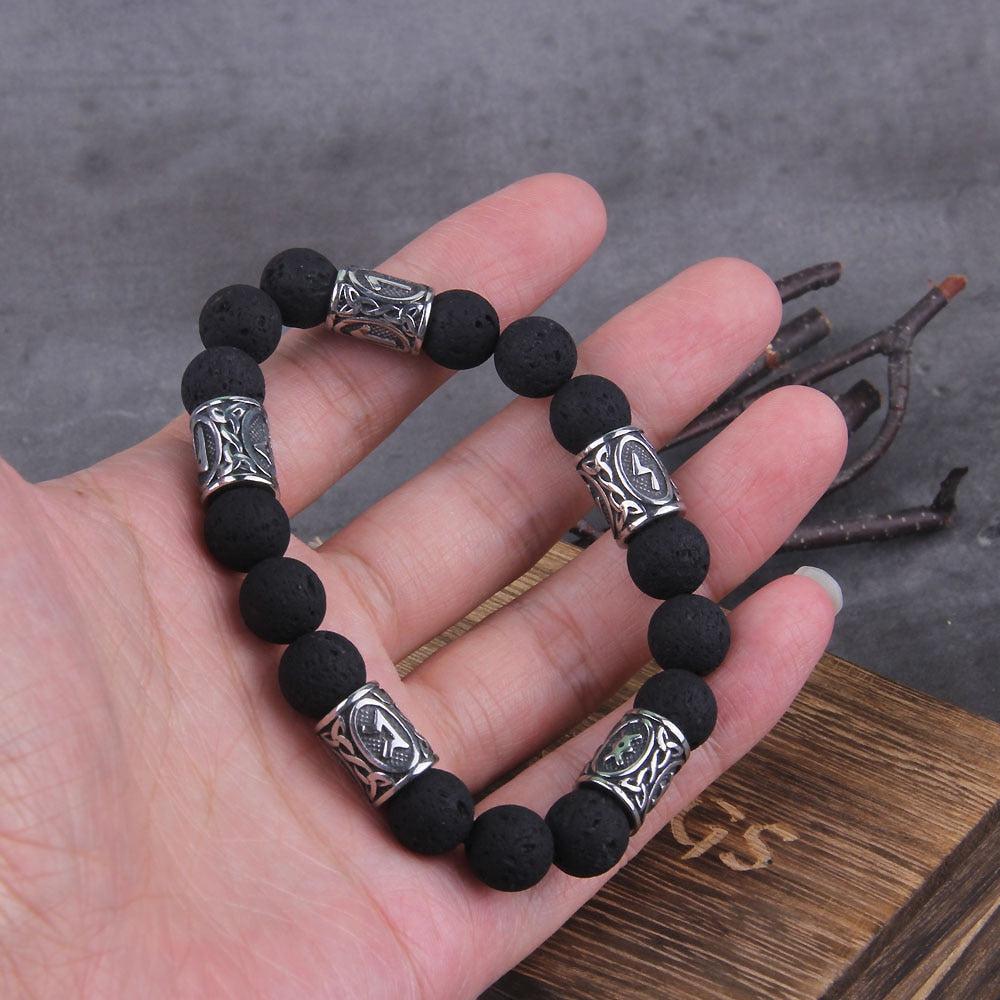 Volcanic Stone and Steel Futhark Bead Bracelet - Image 8