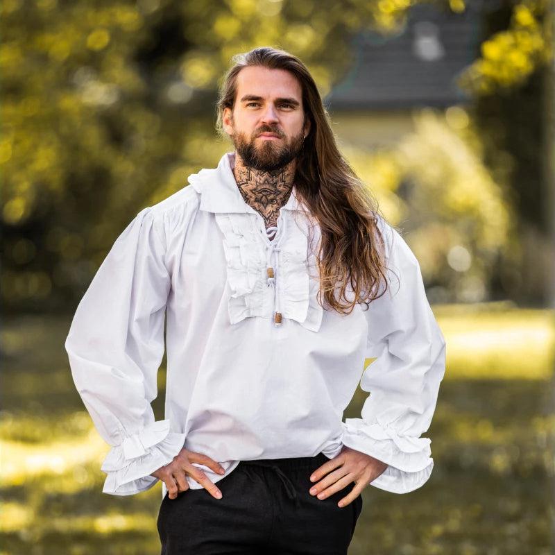 White Cotton Long Sleeve Period Shirt | Ruffled Neckline & Wrists - Image 2