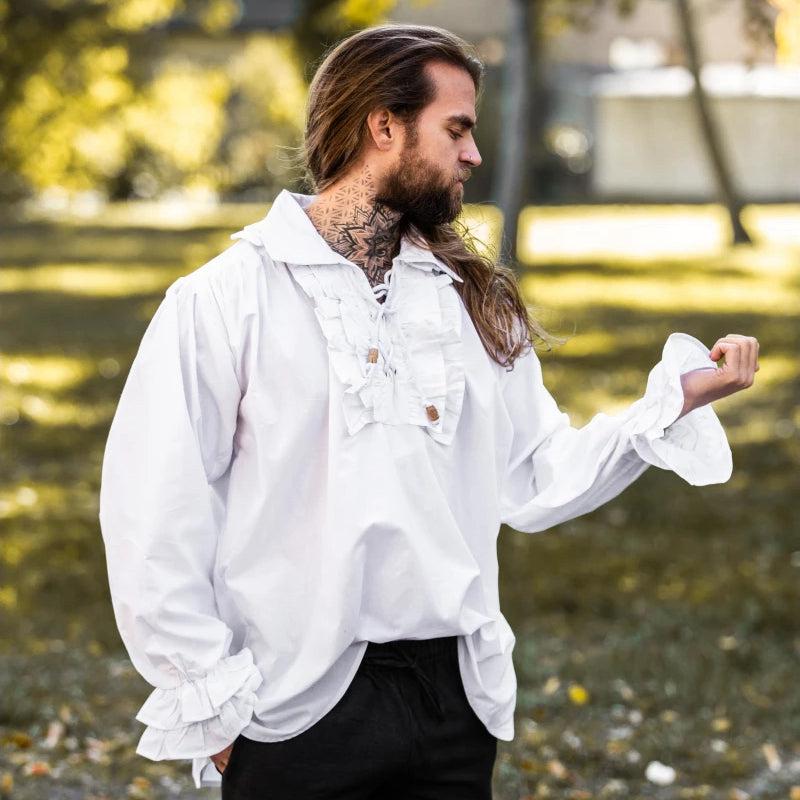 White Cotton Long Sleeve Period Shirt | Ruffled Neckline & Wrists - Image 3
