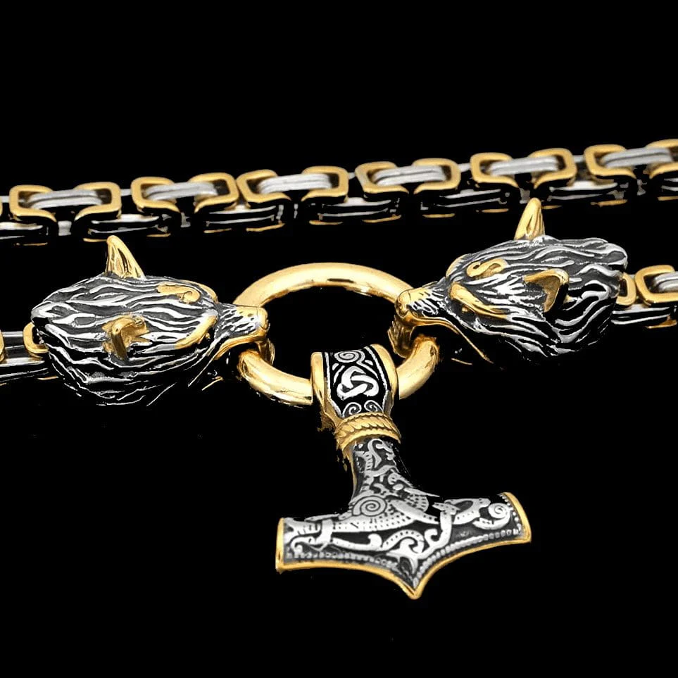 Wolf's Head Thor's Hammer Mjolnir Viking Necklace | Gold & Steel Chain - Image 2