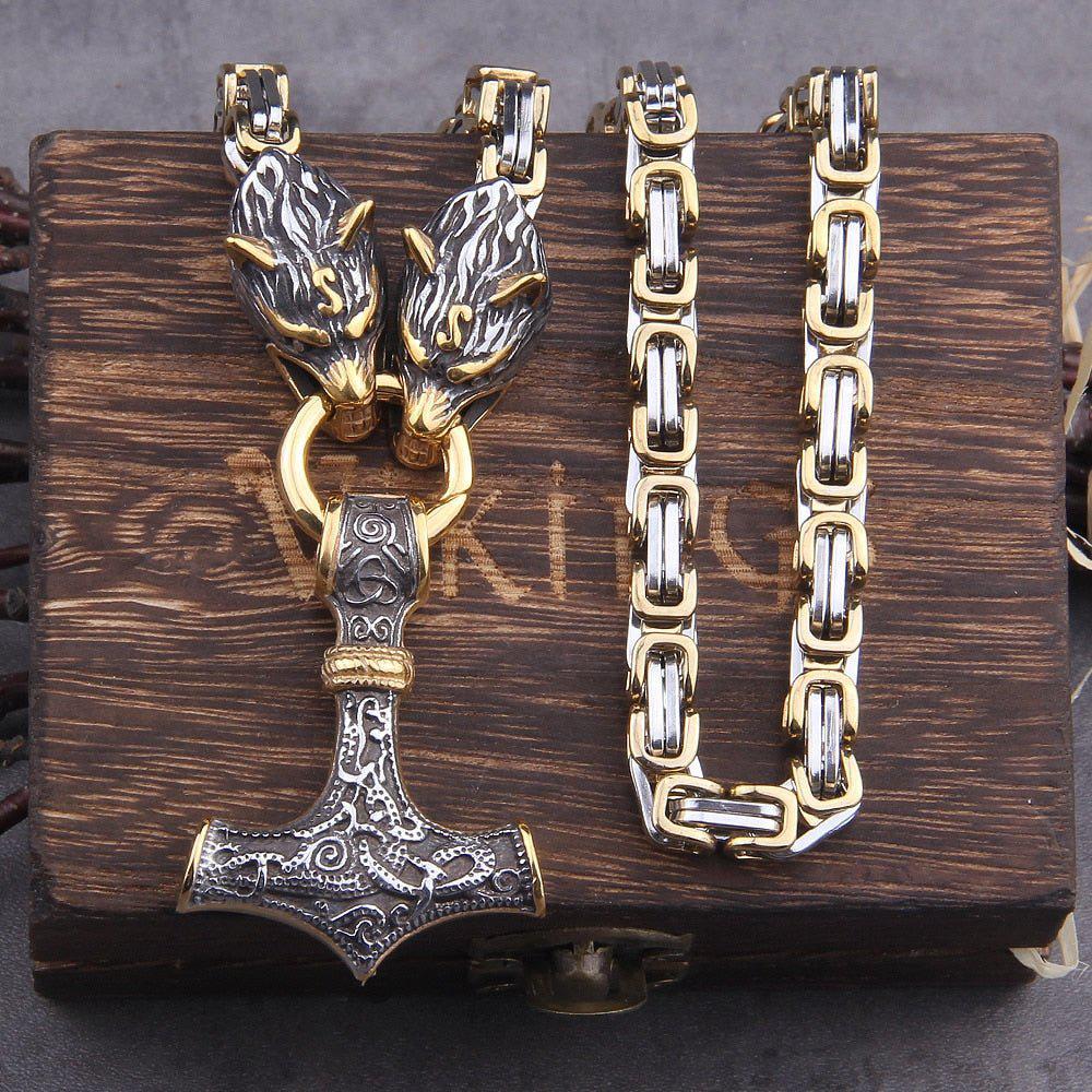 Wolf's Head Thor's Hammer Mjolnir Viking Necklace | Gold & Steel Chain - Image 3
