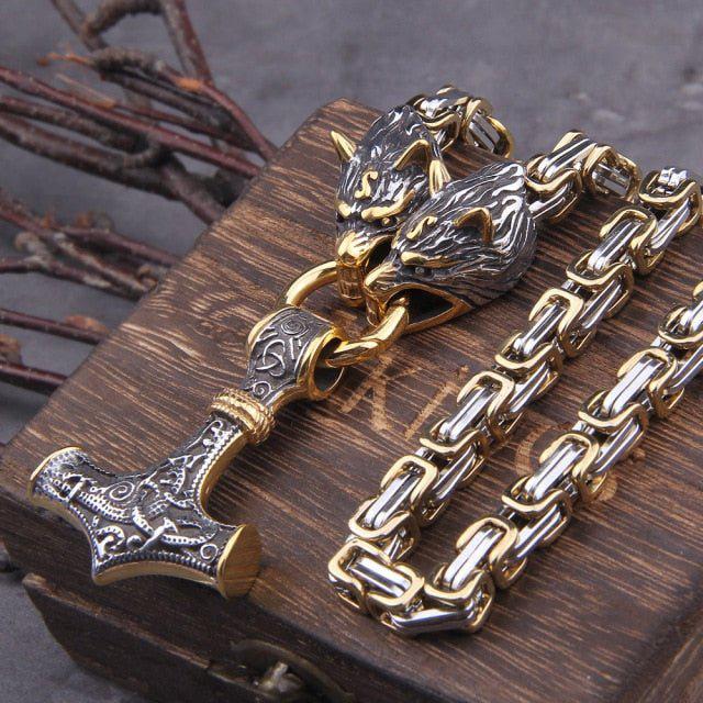Wolf's Head Thor's Hammer Mjolnir Viking Necklace | Gold & Steel Chain - Image 5