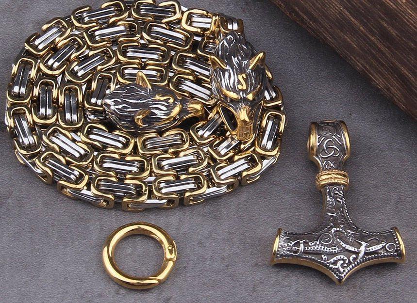 Wolf's Head Thor's Hammer Mjolnir Viking Necklace | Gold & Steel Chain - Image 6