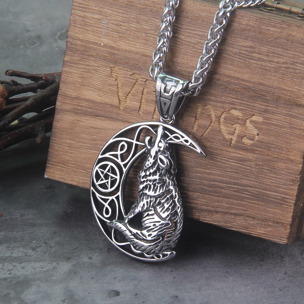 Howling Wolf & Moon Amulet Viking Knotwork Necklace | Handcrafted - Image 2