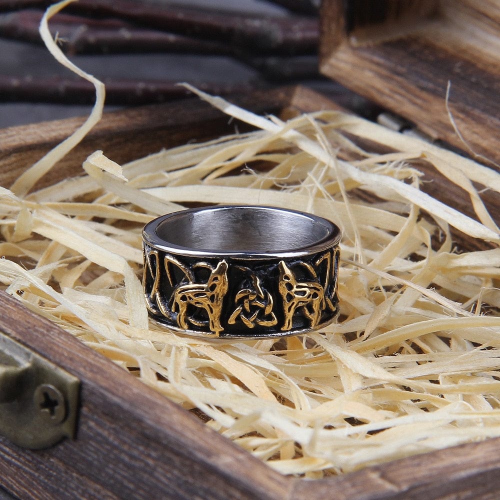 Howling Wolves of Odin Geri and Freki Triskele Knot Viking Ring | Steel or Gold - Image 3