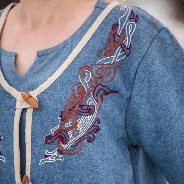 Women's Blue Wool Viking-Inspired Coat | Urnes Embroidery - Image 3