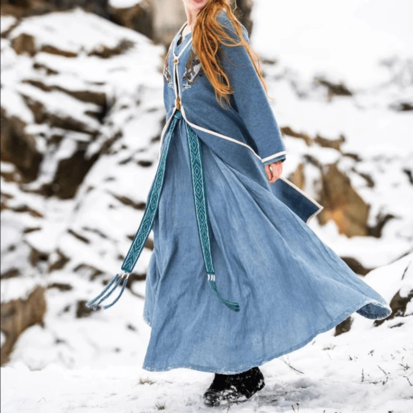 Women's Blue Wool Viking-Inspired Coat | Urnes Embroidery - Image 8